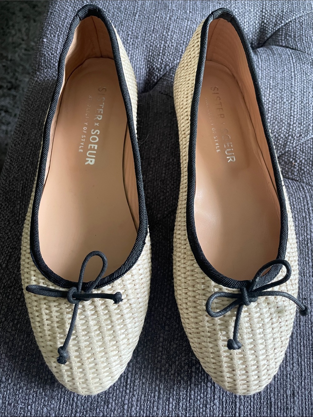 Sister * soeur Cream Woven Ballet Flats with Black Trim and bow tie toe